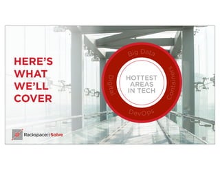 HERE’S
WHAT
WE’LL
COVER
HOTTEST
AREAS
IN TECH
Containers
Digital DevOps
Big Data
 
