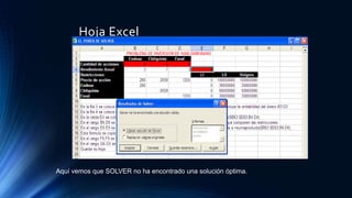 Hoja Excel 
Aquí vemos que SOLVER no ha encontrado una solución óptima. 
 