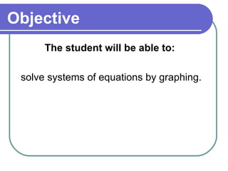 Objective
      The student will be able to:

 solve systems of equations by graphing.
 