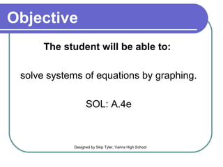 Objective
The student will be able to:
solve systems of equations by graphing.
SOL: A.4e
Designed by Skip Tyler, Varina High School
 