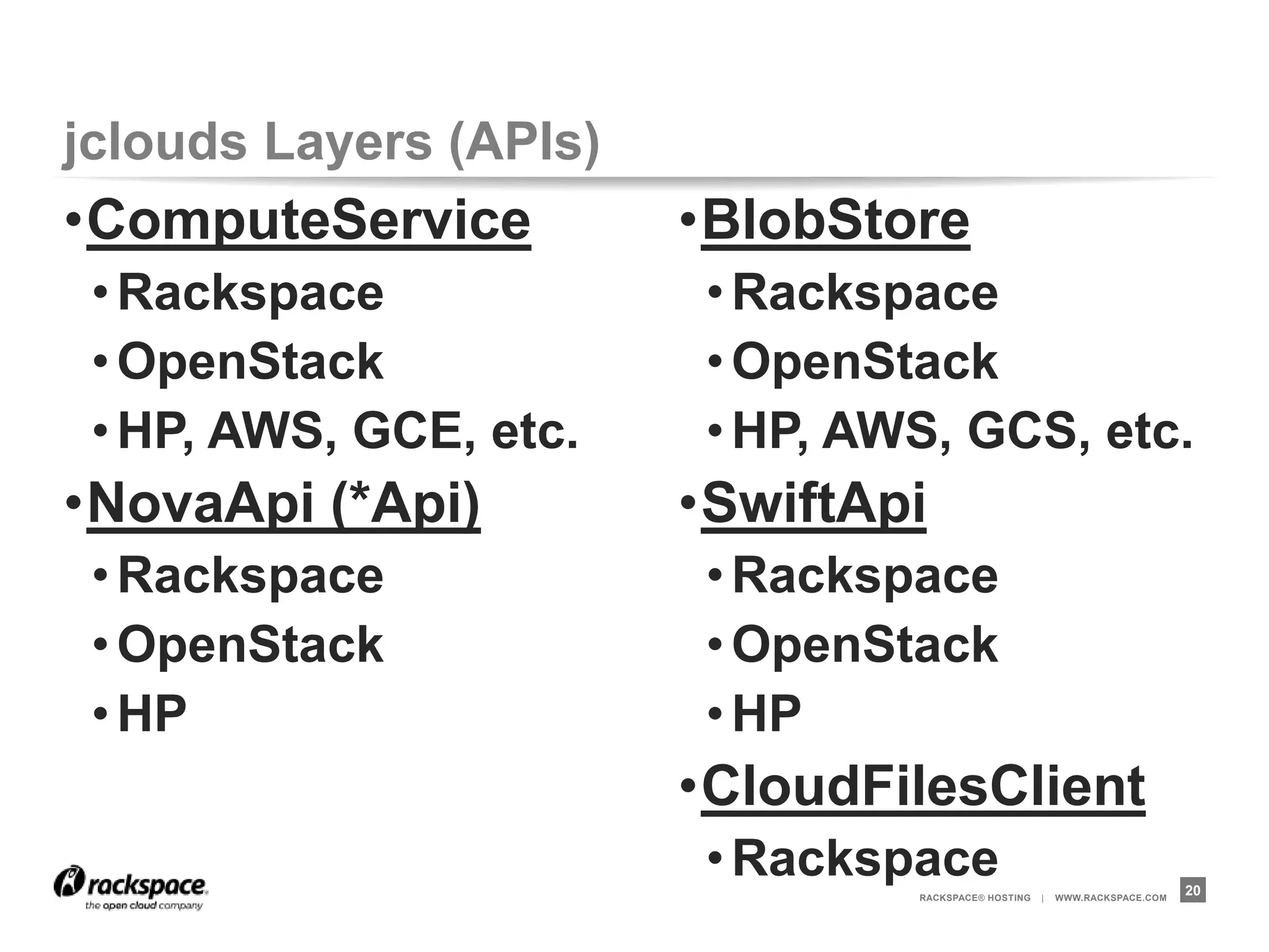 jclouds Layers (APIs)
•ComputeService         •BlobStore
 • Rackspace             • Rackspace
 • OpenStack             • OpenStack
 • HP, AWS, GCE, etc.    • HP, AWS, GCS, etc.
•NovaApi (*Api)         •SwiftApi
 • Rackspace             • Rackspace
 • OpenStack             • OpenStack
 • HP                    • HP
                        •CloudFilesClient
                         • Rackspace
                                 RACKSPACE® HOSTING   |   WWW.RACKSPACE.COM
                                                                              20
 