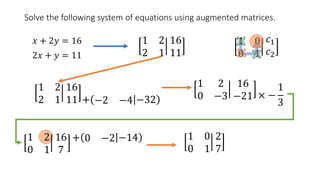 Solve the following system of equations using augmented matrices.
𝑥 + 2𝑦 = 16
2𝑥 + 𝑦 = 11
1 2
2 1
16
11
1 0
0 1
𝑐1
𝑐2
1 2
2 1
16
11 + −2 −4 −32
1 2
0 −3
16
−21 × −
1
3
1 2
0 1
16
7
+ 0 −2 −14 1 0
0 1
2
7
 