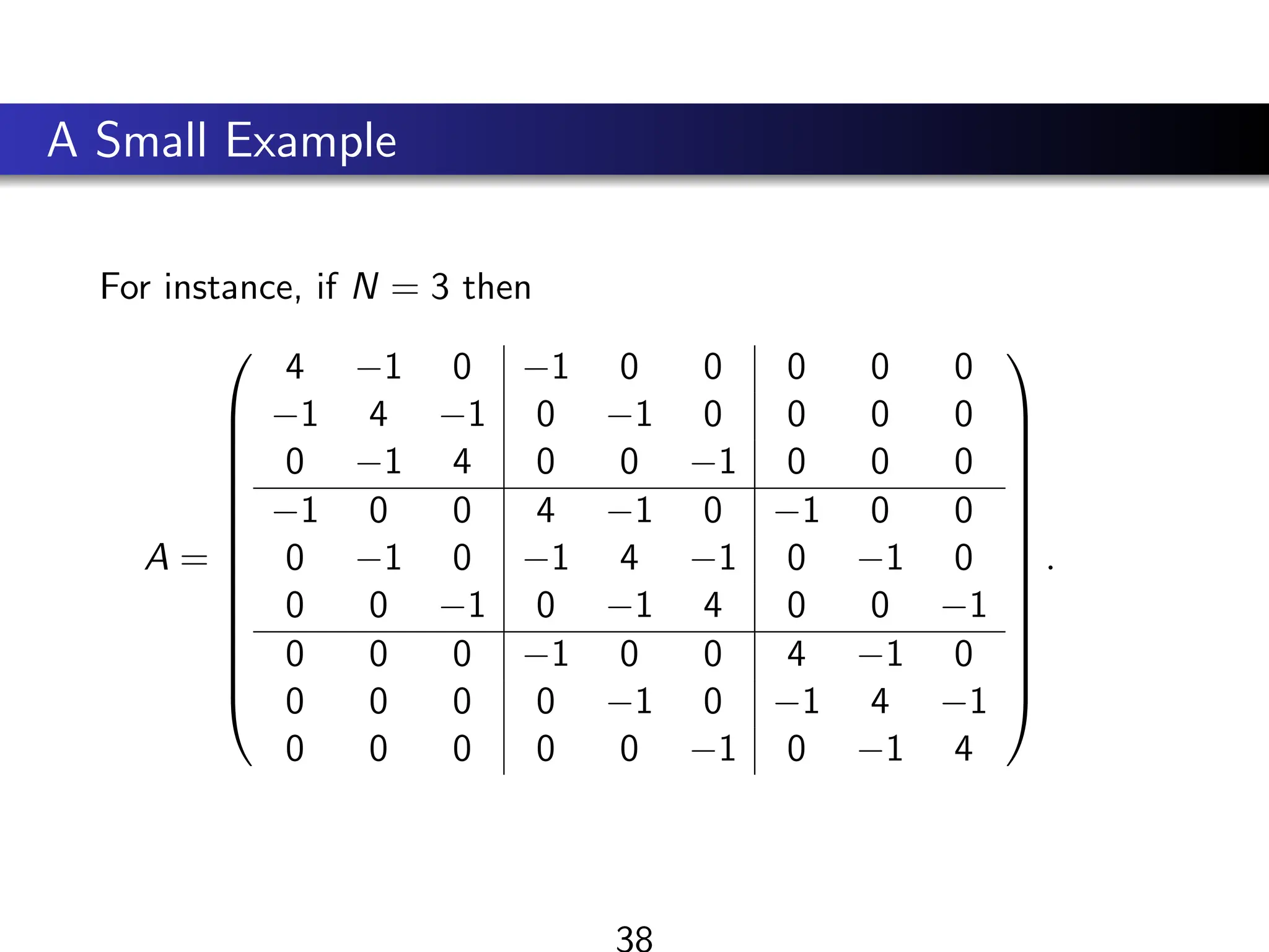 A Small Example
For instance, if N = 3 then
A =














4 −1 0 −1 0 0 0 0 0
−1 4 −1 0 −1 0 0 0 0
0 −1 4 0 0 −1 0 0 0
−1 0 0 4 −1 0 −1 0 0
0 −1 0 −1 4 −1 0 −1 0
0 0 −1 0 −1 4 0 0 −1
0 0 0 −1 0 0 4 −1 0
0 0 0 0 −1 0 −1 4 −1
0 0 0 0 0 −1 0 −1 4














.
38
 