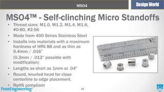 MSO4

MSO4™ - Self-clinching Micro Standoffs
• Thread sizes: M1.0, M1.2, M1.4, M1.6,
#0-80, #2-56
• Made from 400 Series Stainless Steel
• Installs into materials with a maximum
hardness of HRb 88 and as thin as
0.4mm / .016”
(0.3mm / .012” possible with
modification)
• Lengths as short as 1mm or .04”
• Round, knurled head for close
centerline to edge placement.
• RoHS compliant
15

 
