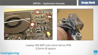 SMTSO – Application Example

Laptop: M2 SMT nuts 1mm tall on PCB
2.5mm ID spacer
22

 