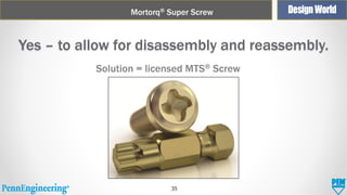 Mortorq® Super Screw

Yes – to allow for disassembly and reassembly.
Solution = licensed MTS® Screw

35

 