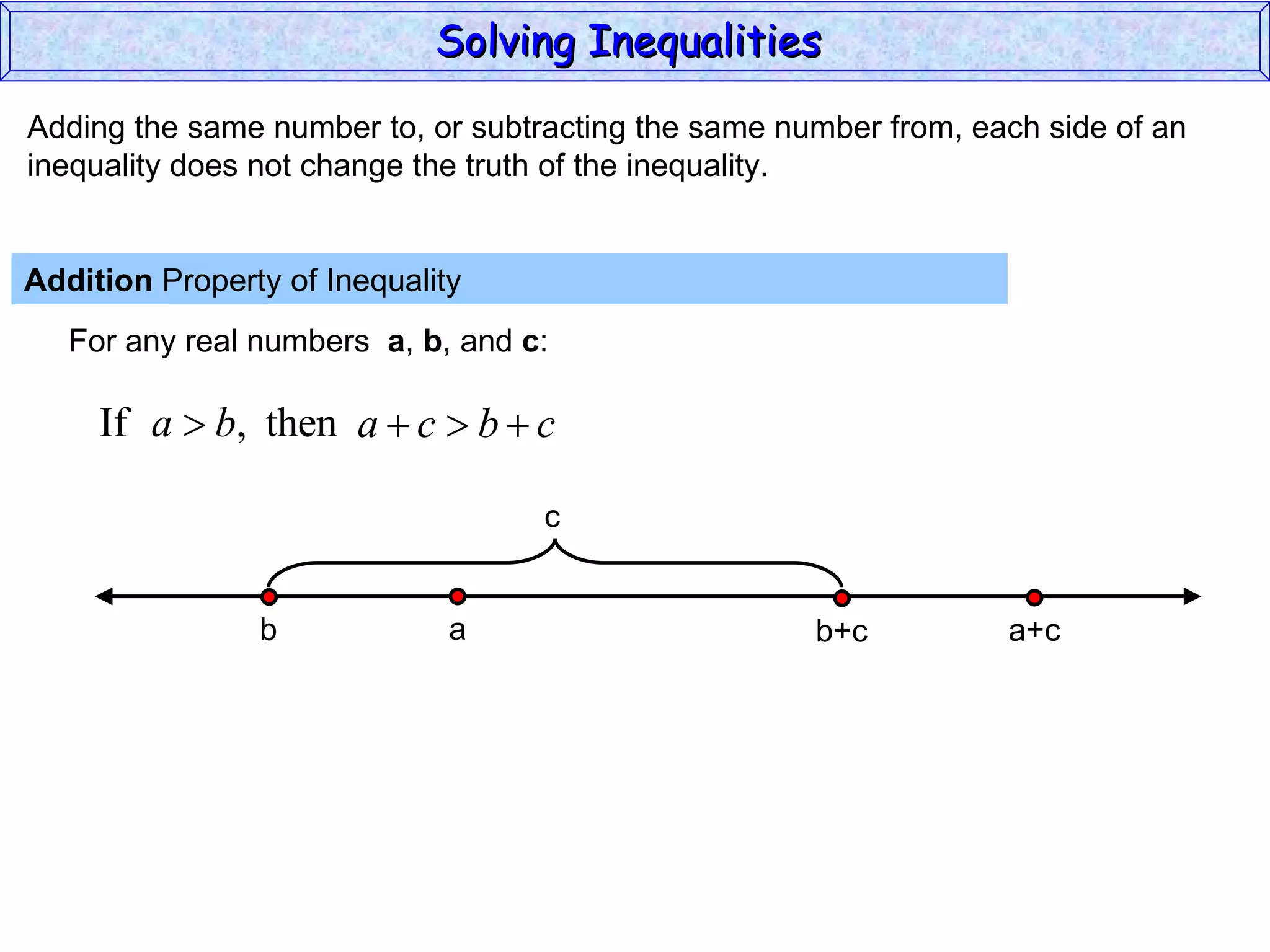 Adding the same number to, or subtracting the same number from, each side of an inequality does not change the truth of the inequality. Addition  Property of Inequality  For any real numbers  a ,  b , and  c : Solving Inequalities  a b a+c b+c c 