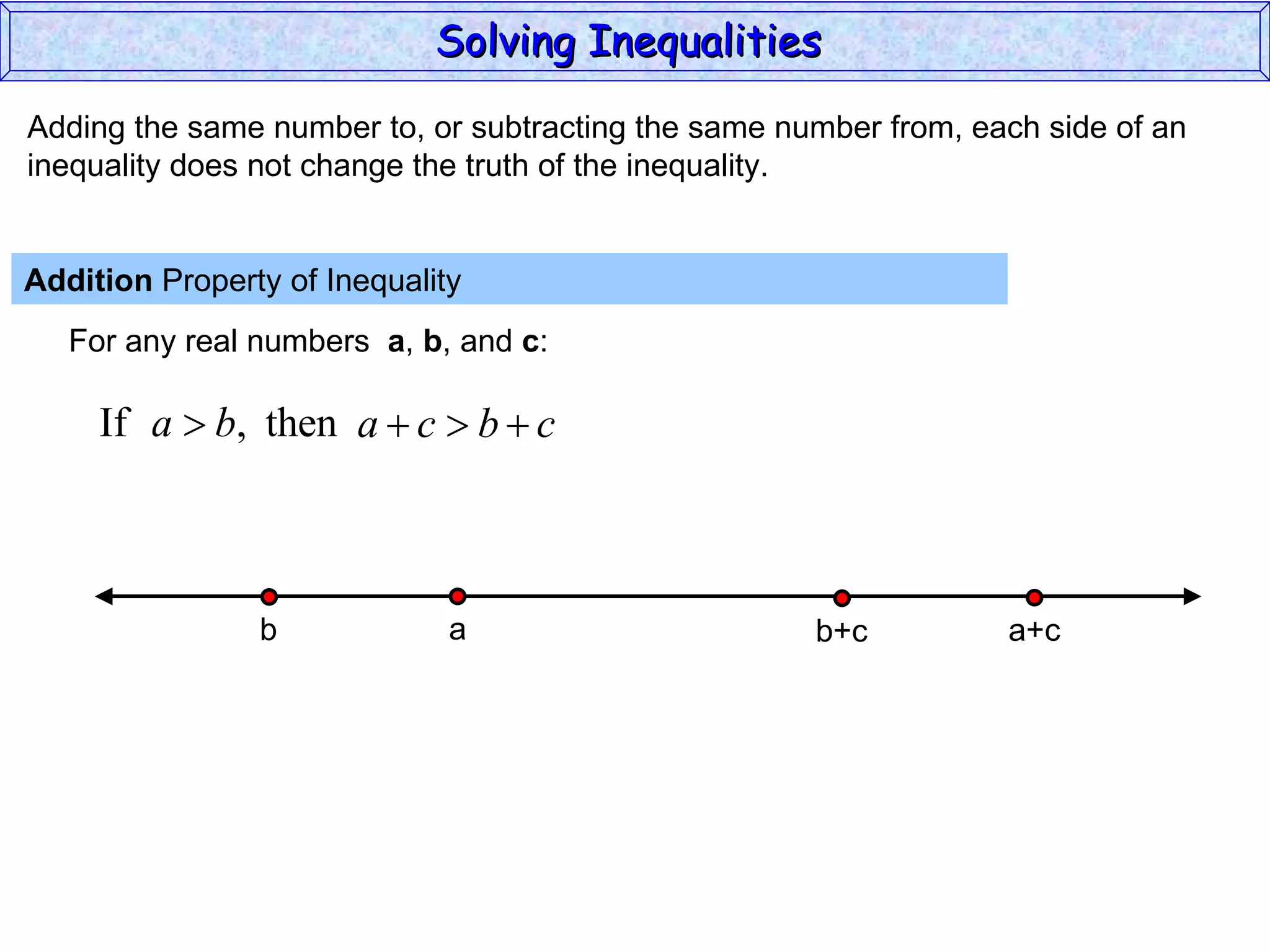 Adding the same number to, or subtracting the same number from, each side of an inequality does not change the truth of the inequality. Addition  Property of Inequality  For any real numbers  a ,  b , and  c : Solving Inequalities  a b a+c b+c 