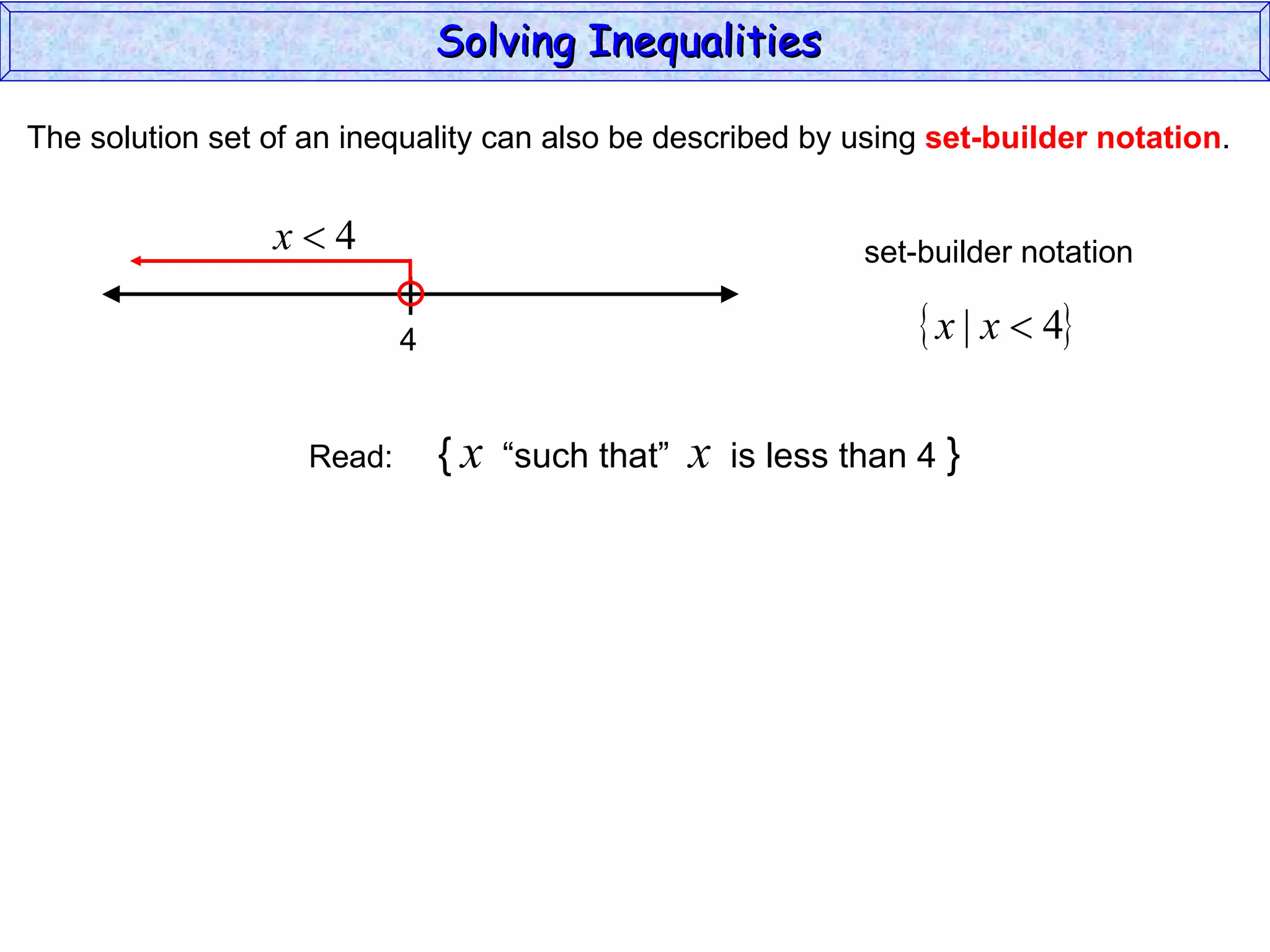 The solution set of an inequality can also be described by using  set-builder notation . Solving Inequalities  Read:  {   x   “such that”  x   is less than 4  } 4 set-builder notation 
