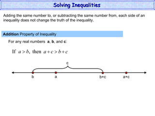 Adding the same number to, or subtracting the same number from, each side of an inequality does not change the truth of the inequality. Addition  Property of Inequality  For any real numbers  a ,  b , and  c : Solving Inequalities  a b a+c b+c c 