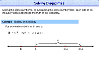 Adding the same number to, or subtracting the same number from, each side of an inequality does not change the truth of the inequality. Addition  Property of Inequality  For any real numbers  a ,  b , and  c : Solving Inequalities  a b a+c b+c c 