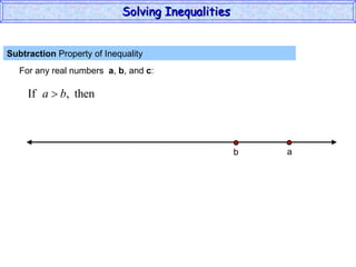 Subtraction  Property of Inequality  For any real numbers  a ,  b , and  c : Solving Inequalities  a b 