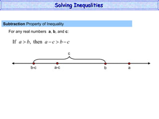 Subtraction  Property of Inequality  For any real numbers  a ,  b , and  c : Solving Inequalities  a-c b-c a b c 