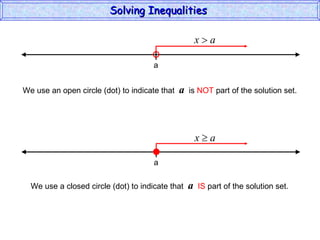 Solving Inequalities  We use an open circle (dot) to indicate that  a   is  NOT  part of the solution set. We use a closed circle (dot) to indicate that  a   IS  part of the solution set. a a 