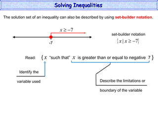 The solution set of an inequality can also be described by using  set-builder notation . Solving Inequalities  Read:  {   x   “such that”  x   is greater than or equal to negative  7  } Identify the  variable used Describe the limitations or boundary of the variable -7 set-builder notation 