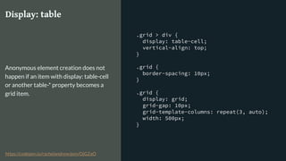 .grid > div {
display: table-cell;
vertical-align: top;
}
.grid {
border-spacing: 10px;
}
.grid {
display: grid;
grid-gap: 10px;
grid-template-columns: repeat(3, auto);
width: 500px;
}
Display: table
Anonymous element creation does not
happen if an item with display: table-cell
or another table-* property becomes a
grid item.
https://codepen.io/rachelandrew/pen/OjGZaO
 