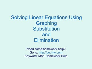 Solving Linear Equations Using Graphing Substitution and Elimination Need some homework help? Go to:  http://go.hrw.com Keyword: MA1 Homework Help 