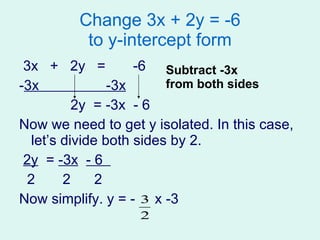 Change 3x + 2y = -6 to y-intercept form 3x  +  2y  =  -6  - 3x  -3x 2y  = -3x  - 6 Now we need to get y isolated. In this case, let’s divide both sides by 2. 2y   =  -3x   - 6  2  2  2  Now simplify. y = -  x -3 Subtract -3x  from both sides 