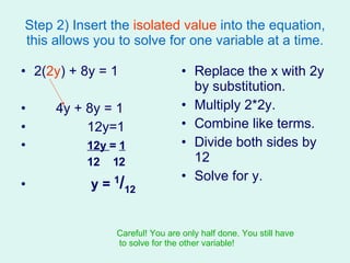 Step 2) Insert the  isolated value  into the equation, this allows you to solve for one variable at a time. 2( 2y ) + 8y = 1 4y + 8y = 1 12y=1 12y  =  1 12  12 y =  1 / 12 Replace the x with 2y by substitution. Multiply 2*2y. Combine like terms. Divide both sides by 12 Solve for y. Careful! You are only half done. You still have to solve for the other variable! 