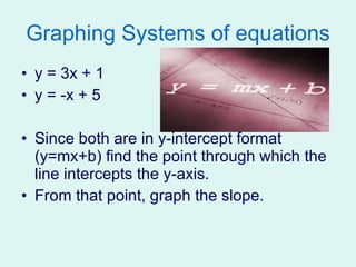 Graphing Systems of equations y = 3x + 1 y = -x + 5 Since both are in y-intercept format (y=mx+b) find the point through which the line intercepts the y-axis.  From that point, graph the slope. 