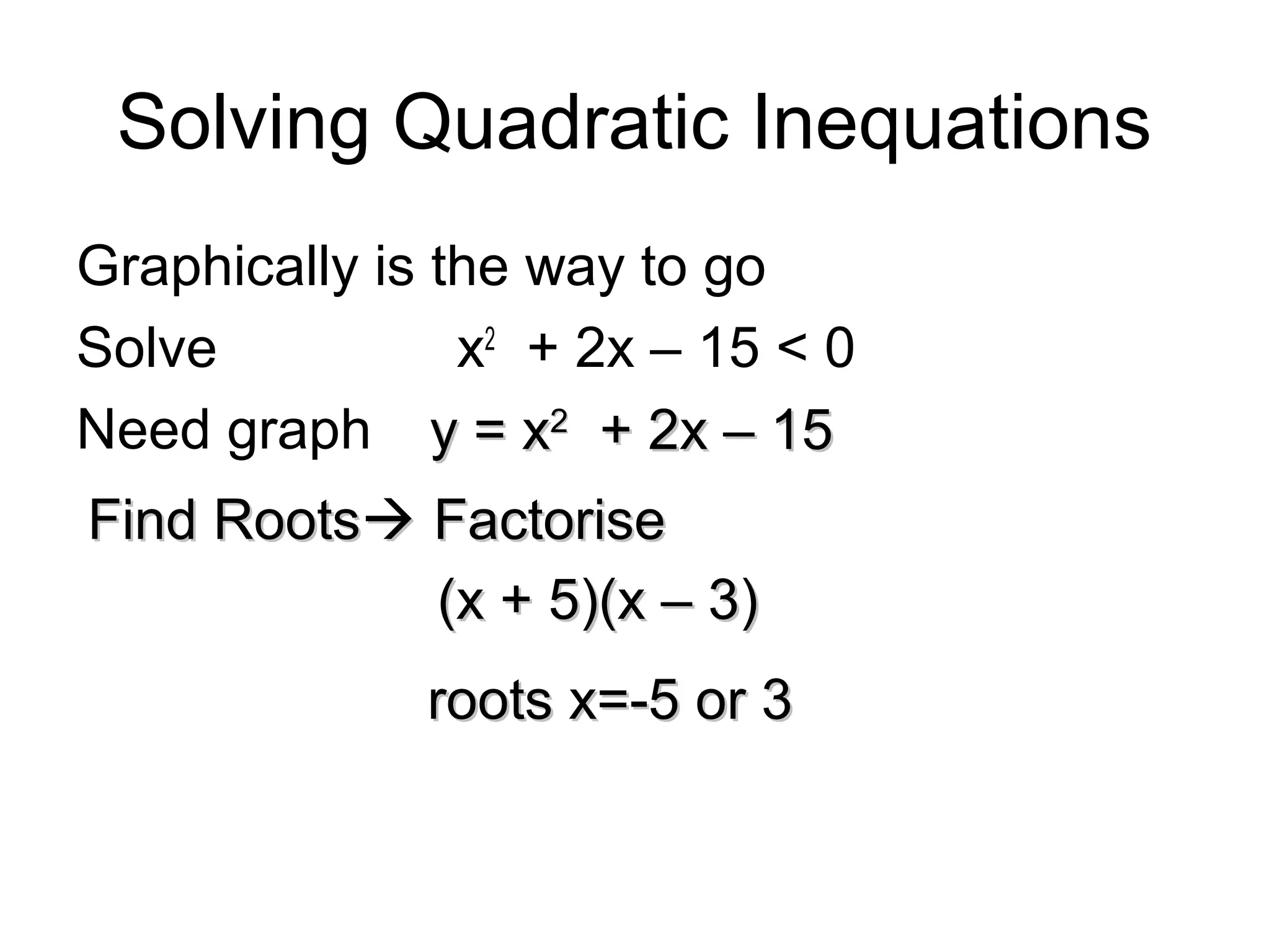 Graphically is the way to go
Solve x2
+ 2x – 15 < 0
Need graph y = xy = x22
+ 2x – 15+ 2x – 15
Find RootsFind Roots FactoriseFactorise
(x + 5)(x – 3)(x + 5)(x – 3)
roots x=-5 or 3roots x=-5 or 3
Solving Quadratic Inequations
 