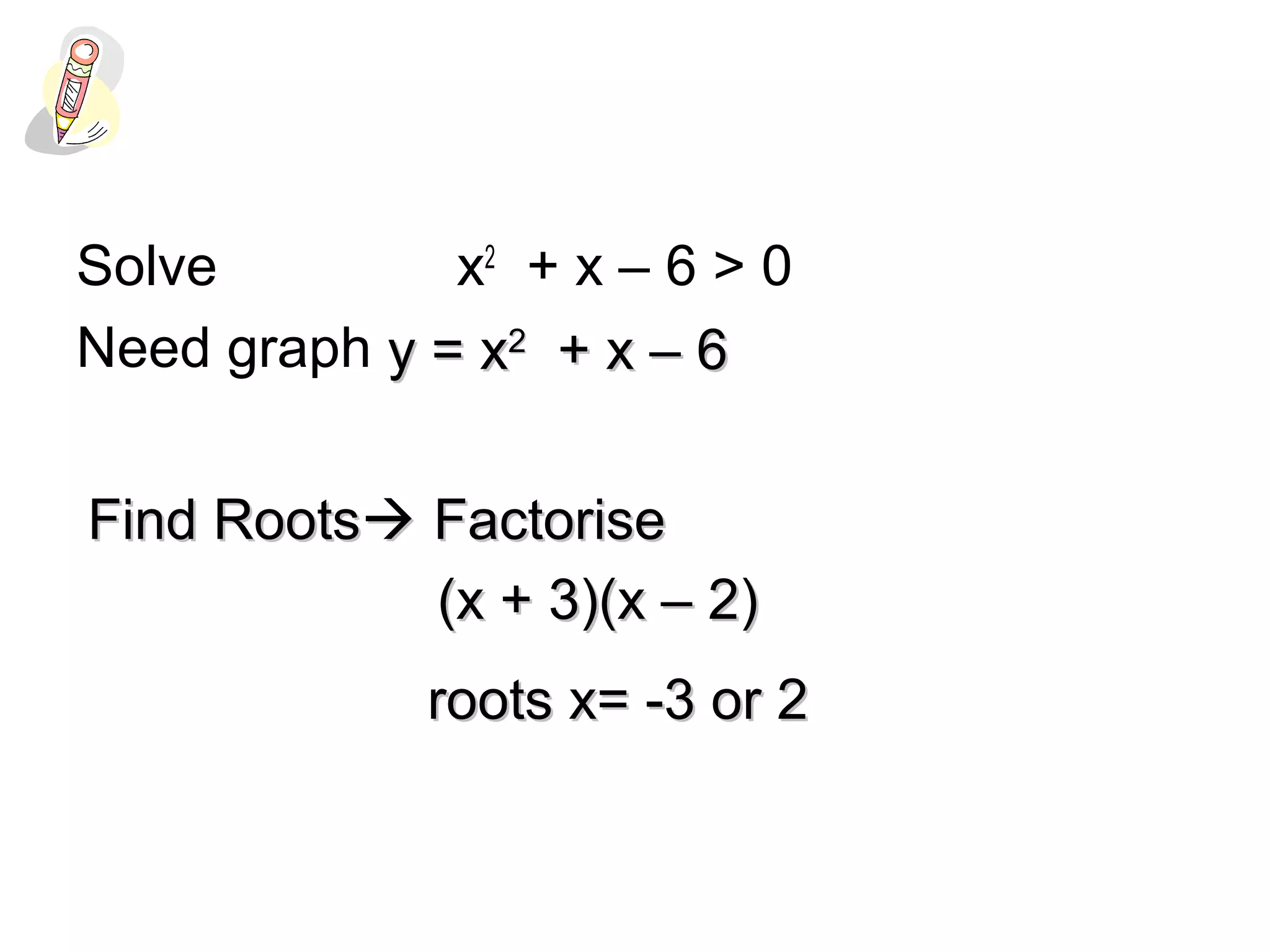Solve x2
+ x – 6 > 0
Need graph y = xy = x22
+ x – 6+ x – 6
Find RootsFind Roots FactoriseFactorise
(x + 3)(x – 2)(x + 3)(x – 2)
roots x= -3 or 2roots x= -3 or 2
 