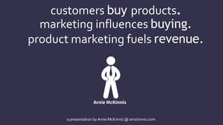 a presentation by Arnie McKinnis @ amckinnis.com
customers buy products.
marketing influences buying.
product marketing fuels revenue.
 
