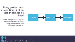a presentation by Arnie McKinnis @ amckinnis.com
Every product was
at one time, just an
idea in someone’s
head
Ideas plus products equals
revenue – the equation is
drop-dead simple, the
execution is difficult.
IDEAS PRODUCTS REVENUE
 
