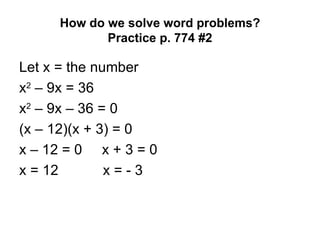 Solving Word Problems Involving Quadratic Equations