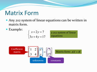 Matrix Form 
 Any 2x2 system of linear equations can be written in 
matrix form. 
 Example: 
x y 
x y 
   
   
2 7 
3 4 17 
a 2x2 system of linear 
equations 
x 
y 
1 2 7 
3 4 17 
      
       
      
Matrix form: 
Coefficient 
matrix 
unknowns constants 
AX  B 
 
