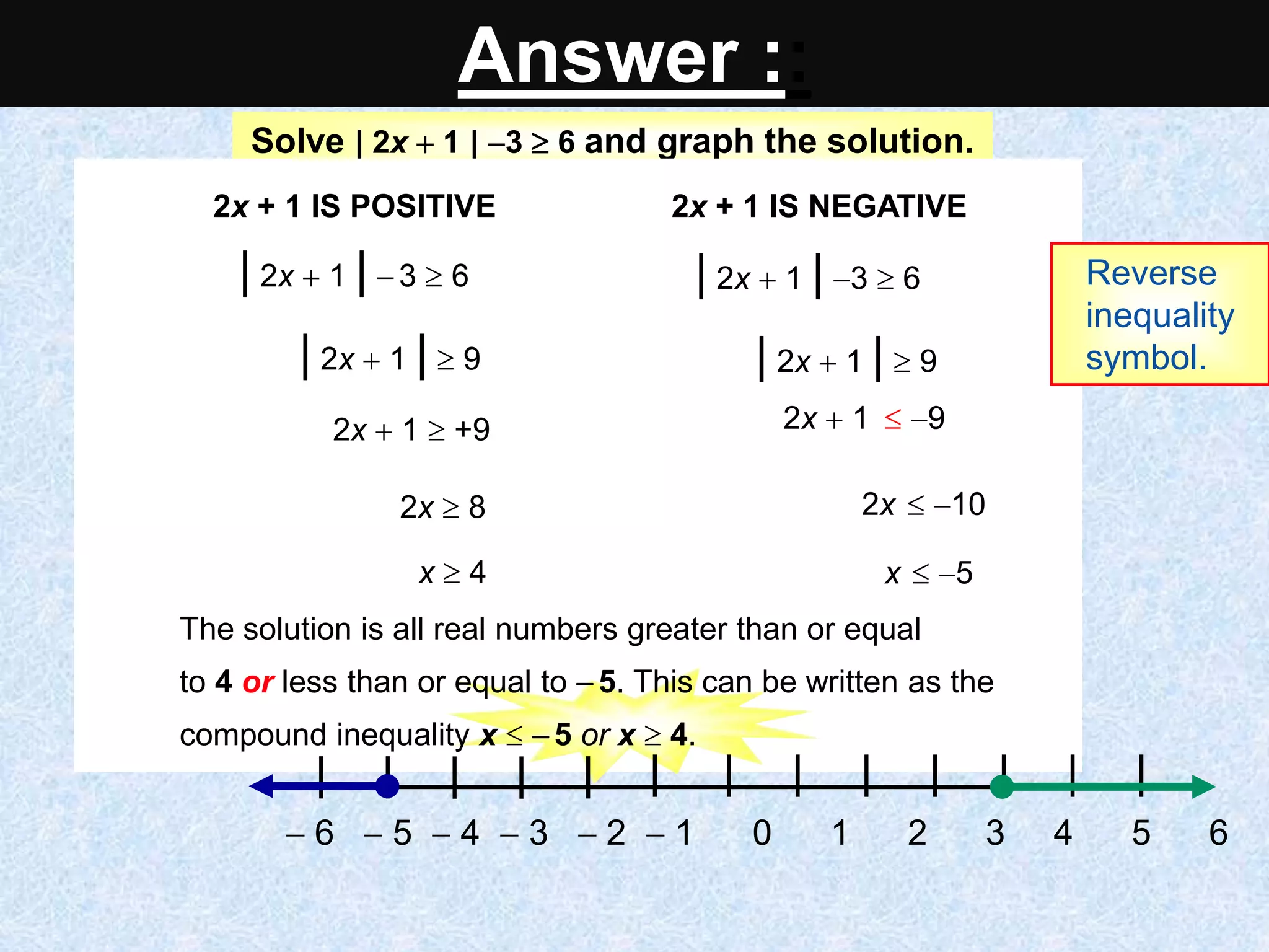 Solve | 2x  1 | 3  6 and graph the solution.
| 2x  1 |  3  6
| 2x  1 |  9
2x  1  +9
x  4
2x  8
| 2x  1 | 3  6
| 2x  1 |  9
2x  1  9
2x  10
x  5
2x + 1 IS POSITIVE 2x + 1 IS NEGATIVE
 6  5  4  3  2  1 0 1 2 3 4 5 6
The solution is all real numbers greater than or equal
to 4 or less than or equal to  5. This can be written as the
compound inequality x   5 or x  4.
Reverse
inequality
symbol.
Answer ::
 