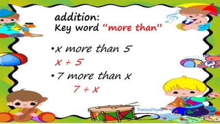 addition:
Key word “more than”
•x more than 5
x + 5
•7 more than x
7 + x