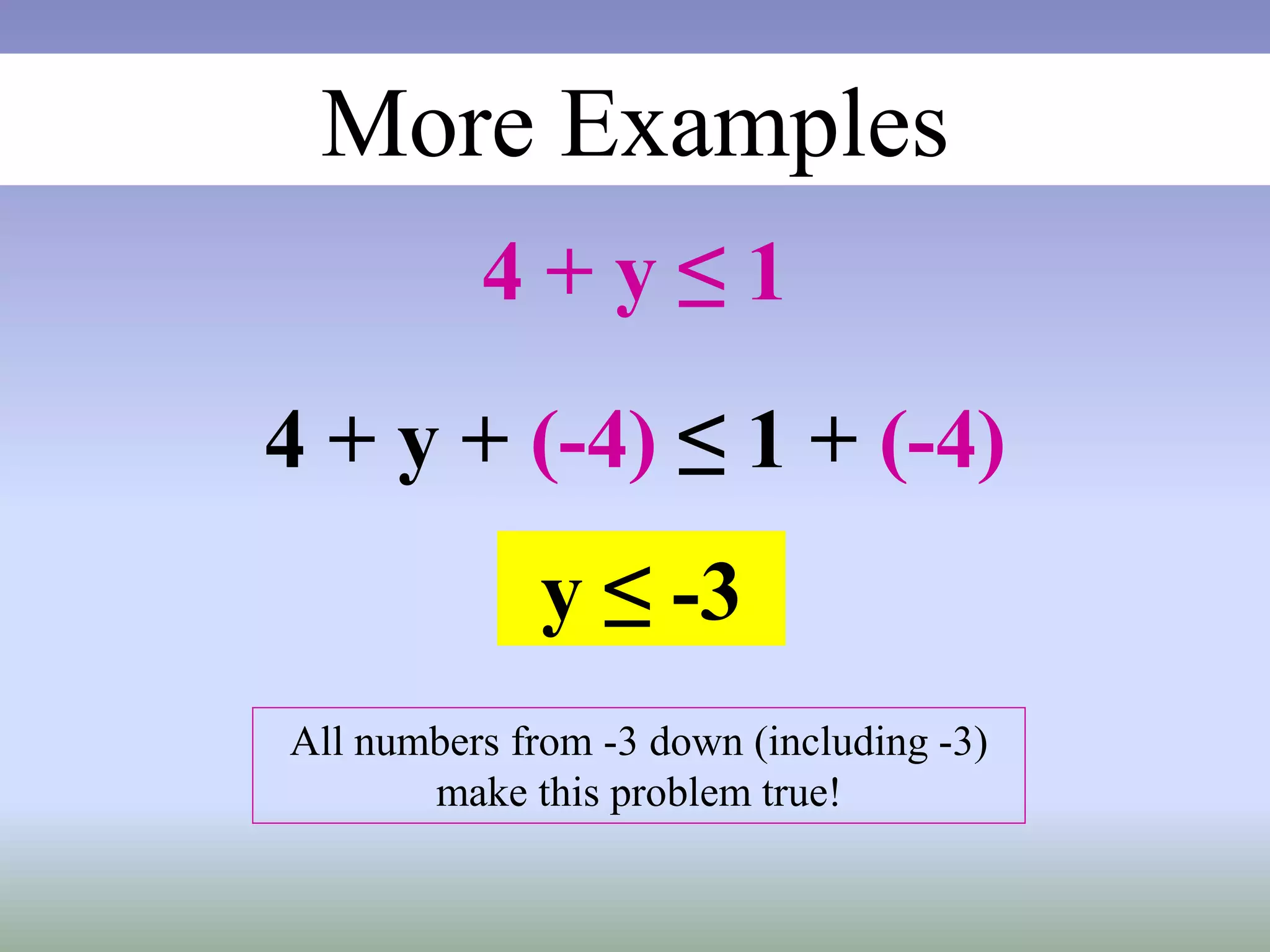 More Examples
4 + y ≤ 1
4 + y + (-4) ≤ 1 + (-4)
y ≤ -3
All numbers from -3 down (including -3)
make this problem true!
 