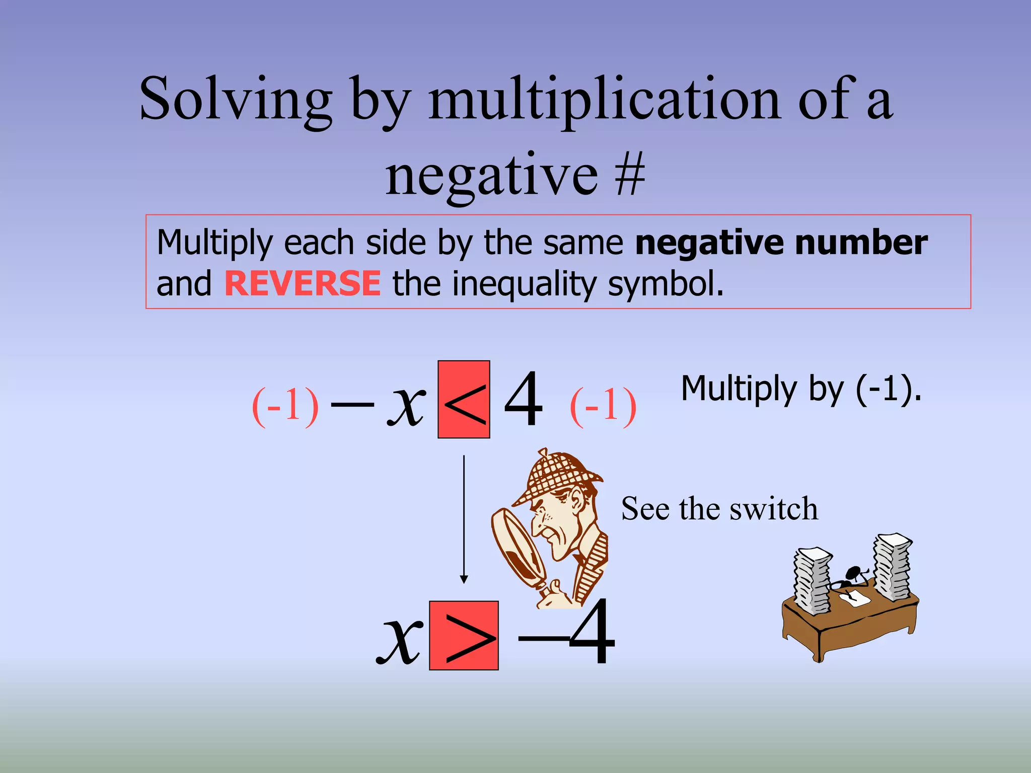 Solving by multiplication of a
negative #
Multiply each side by the same negative number
and REVERSE the inequality symbol.
4

 x Multiply by (-1).
4


x
(-1) (-1)
See the switch
 