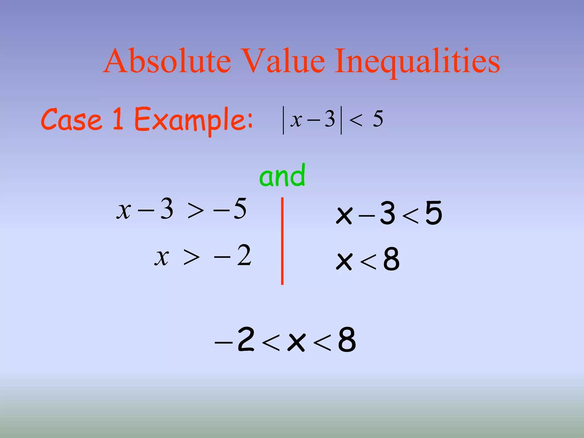 Absolute Value Inequalities
Case 1 Example: 3 5
x  
3 5
2
x
x
  
 
and
8
x
5
3
x



8
x
2 


 