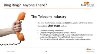 Ring Ring? Anyone There?
The Telecom Industry
You have Your Networks Spread over 1000 Cities, some with Over a Million
Connections, Challenges such as:
• Customer Churning & Retention
• Understanding Payment Details for new Schemes
• Providing Customized Payment & Service models to the Right Customers
• Understand Competitor Pricing Models & faster innovation
• Checking Which Offers & Schemes are popular in which Geographies
13Cloud IT Better
 