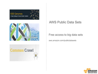 http://aws.amazon.com/marketplace
AWS Public Data Sets
Free access to big data sets
aws.amazon.com/publicdatasets
 