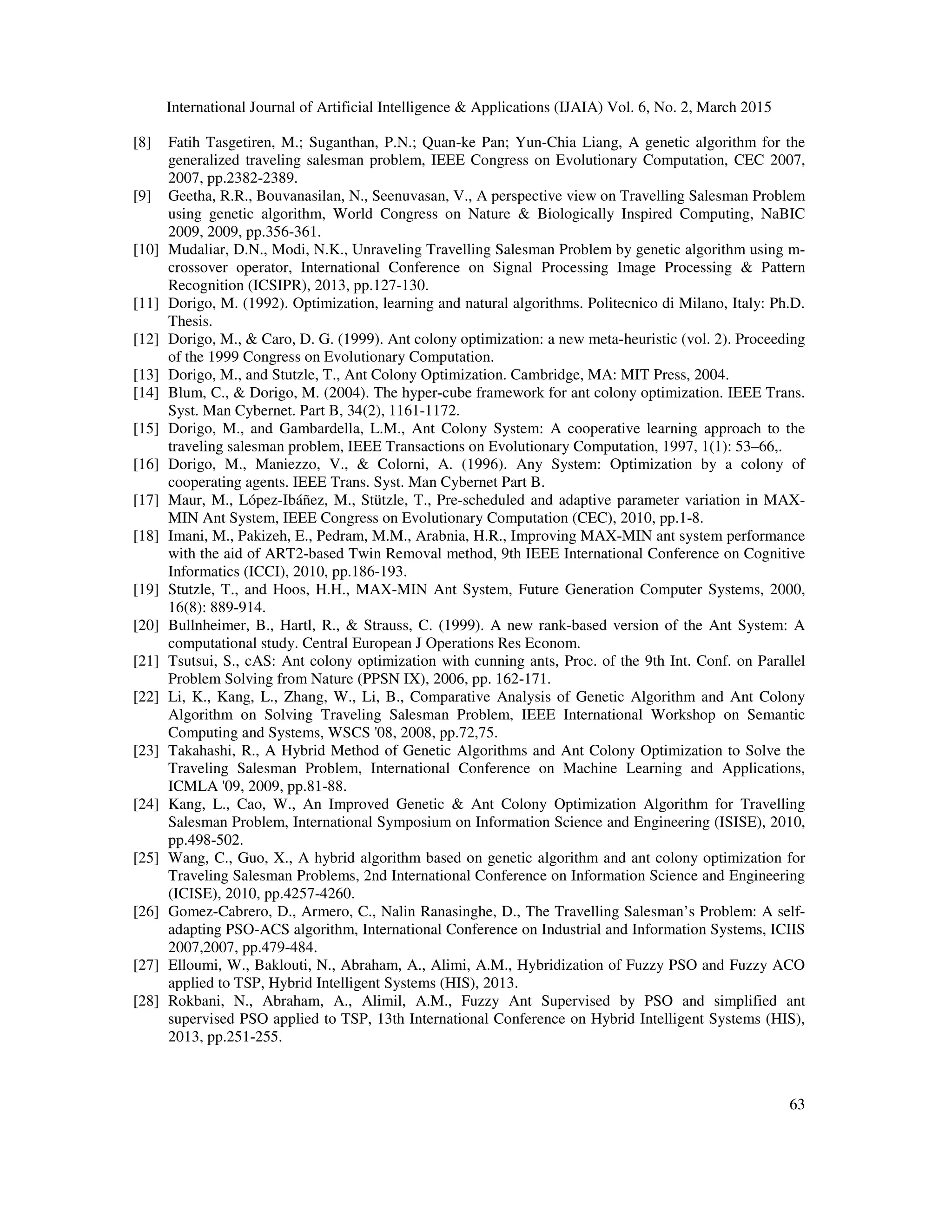 International Journal of Artificial Intelligence & Applications (IJAIA) Vol. 6, No. 2, March 2015
63
[8] Fatih Tasgetiren, M.; Suganthan, P.N.; Quan-ke Pan; Yun-Chia Liang, A genetic algorithm for the
generalized traveling salesman problem, IEEE Congress on Evolutionary Computation, CEC 2007,
2007, pp.2382-2389.
[9] Geetha, R.R., Bouvanasilan, N., Seenuvasan, V., A perspective view on Travelling Salesman Problem
using genetic algorithm, World Congress on Nature & Biologically Inspired Computing, NaBIC
2009, 2009, pp.356-361.
[10] Mudaliar, D.N., Modi, N.K., Unraveling Travelling Salesman Problem by genetic algorithm using m-
crossover operator, International Conference on Signal Processing Image Processing & Pattern
Recognition (ICSIPR), 2013, pp.127-130.
[11] Dorigo, M. (1992). Optimization, learning and natural algorithms. Politecnico di Milano, Italy: Ph.D.
Thesis.
[12] Dorigo, M., & Caro, D. G. (1999). Ant colony optimization: a new meta-heuristic (vol. 2). Proceeding
of the 1999 Congress on Evolutionary Computation.
[13] Dorigo, M., and Stutzle, T., Ant Colony Optimization. Cambridge, MA: MIT Press, 2004.
[14] Blum, C., & Dorigo, M. (2004). The hyper-cube framework for ant colony optimization. IEEE Trans.
Syst. Man Cybernet. Part B, 34(2), 1161-1172.
[15] Dorigo, M., and Gambardella, L.M., Ant Colony System: A cooperative learning approach to the
traveling salesman problem, IEEE Transactions on Evolutionary Computation, 1997, 1(1): 53–66,.
[16] Dorigo, M., Maniezzo, V., & Colorni, A. (1996). Any System: Optimization by a colony of
cooperating agents. IEEE Trans. Syst. Man Cybernet Part B.
[17] Maur, M., López-Ibáñez, M., Stützle, T., Pre-scheduled and adaptive parameter variation in MAX-
MIN Ant System, IEEE Congress on Evolutionary Computation (CEC), 2010, pp.1-8.
[18] Imani, M., Pakizeh, E., Pedram, M.M., Arabnia, H.R., Improving MAX-MIN ant system performance
with the aid of ART2-based Twin Removal method, 9th IEEE International Conference on Cognitive
Informatics (ICCI), 2010, pp.186-193.
[19] Stutzle, T., and Hoos, H.H., MAX-MIN Ant System, Future Generation Computer Systems, 2000,
16(8): 889-914.
[20] Bullnheimer, B., Hartl, R., & Strauss, C. (1999). A new rank-based version of the Ant System: A
computational study. Central European J Operations Res Econom.
[21] Tsutsui, S., cAS: Ant colony optimization with cunning ants, Proc. of the 9th Int. Conf. on Parallel
Problem Solving from Nature (PPSN IX), 2006, pp. 162-171.
[22] Li, K., Kang, L., Zhang, W., Li, B., Comparative Analysis of Genetic Algorithm and Ant Colony
Algorithm on Solving Traveling Salesman Problem, IEEE International Workshop on Semantic
Computing and Systems, WSCS '08, 2008, pp.72,75.
[23] Takahashi, R., A Hybrid Method of Genetic Algorithms and Ant Colony Optimization to Solve the
Traveling Salesman Problem, International Conference on Machine Learning and Applications,
ICMLA '09, 2009, pp.81-88.
[24] Kang, L., Cao, W., An Improved Genetic & Ant Colony Optimization Algorithm for Travelling
Salesman Problem, International Symposium on Information Science and Engineering (ISISE), 2010,
pp.498-502.
[25] Wang, C., Guo, X., A hybrid algorithm based on genetic algorithm and ant colony optimization for
Traveling Salesman Problems, 2nd International Conference on Information Science and Engineering
(ICISE), 2010, pp.4257-4260.
[26] Gomez-Cabrero, D., Armero, C., Nalin Ranasinghe, D., The Travelling Salesman’s Problem: A self-
adapting PSO-ACS algorithm, International Conference on Industrial and Information Systems, ICIIS
2007,2007, pp.479-484.
[27] Elloumi, W., Baklouti, N., Abraham, A., Alimi, A.M., Hybridization of Fuzzy PSO and Fuzzy ACO
applied to TSP, Hybrid Intelligent Systems (HIS), 2013.
[28] Rokbani, N., Abraham, A., Alimil, A.M., Fuzzy Ant Supervised by PSO and simplified ant
supervised PSO applied to TSP, 13th International Conference on Hybrid Intelligent Systems (HIS),
2013, pp.251-255.
 