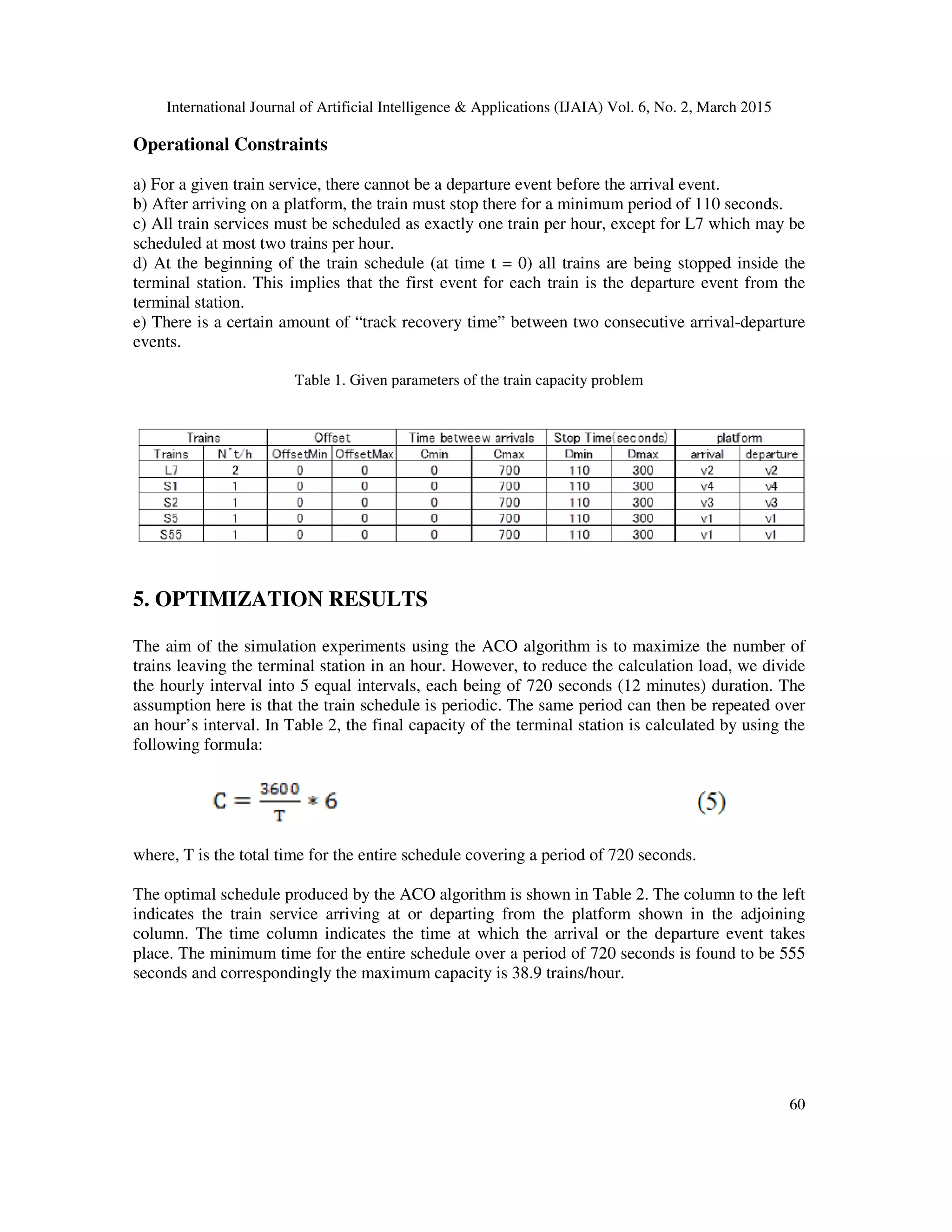 International Journal of Artificial Intelligence & Applications (IJAIA) Vol. 6, No. 2, March 2015
60
Operational Constraints
a) For a given train service, there cannot be a departure event before the arrival event.
b) After arriving on a platform, the train must stop there for a minimum period of 110 seconds.
c) All train services must be scheduled as exactly one train per hour, except for L7 which may be
scheduled at most two trains per hour.
d) At the beginning of the train schedule (at time t = 0) all trains are being stopped inside the
terminal station. This implies that the first event for each train is the departure event from the
terminal station.
e) There is a certain amount of “track recovery time” between two consecutive arrival-departure
events.
Table 1. Given parameters of the train capacity problem
5. OPTIMIZATION RESULTS
The aim of the simulation experiments using the ACO algorithm is to maximize the number of
trains leaving the terminal station in an hour. However, to reduce the calculation load, we divide
the hourly interval into 5 equal intervals, each being of 720 seconds (12 minutes) duration. The
assumption here is that the train schedule is periodic. The same period can then be repeated over
an hour’s interval. In Table 2, the final capacity of the terminal station is calculated by using the
following formula:
where, T is the total time for the entire schedule covering a period of 720 seconds.
The optimal schedule produced by the ACO algorithm is shown in Table 2. The column to the left
indicates the train service arriving at or departing from the platform shown in the adjoining
column. The time column indicates the time at which the arrival or the departure event takes
place. The minimum time for the entire schedule over a period of 720 seconds is found to be 555
seconds and correspondingly the maximum capacity is 38.9 trains/hour.
 