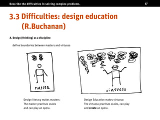 Describe the difficulties in solving complex problems.                                             17




A. Design (thinking) as a discipline

  define boundaries between masters and virtuoso




            Design literacy makes masters:               Design Education makes virtuoso:
            The master practises scales                  The virtuoso practises scales, can play
            and can play an opera.                       and create an opera.
 
