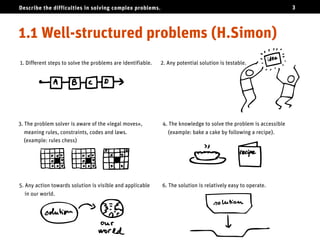 Describe the difficulties in solving complex problems.                                                             3




Well-structured problems (H.Simon)
1. Different steps to solve the problems are identifiable.   2. Any potential solution is testable.




3. The problem solver is aware of the «legal moves»,         4. The knowledge to solve the problem is accessible
   meaning rules, constraints, codes and laws.                  (example: bake a cake by following a recipe).
   (example: rules chess)




5. Any action towards solution is visible and applicable     6. The solution is relatively easy to operate.
   in our world.
 