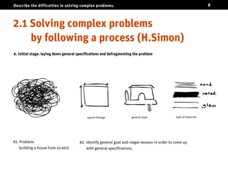 Describe the difficulties in solving complex problems.                                                            8




Solving complex problems by following
a process (H.Simon)
A. Initial stage: laying down general specifications and defragmenting the problem




                                           square footage            general style            type of materials




A1. Problem:                          A2. identify general goal and «legal moves» in order to come up
    building a house from scratch         with general specifications.
 