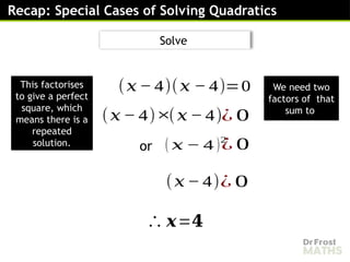 Recap: Special Cases of Solving Quadratics
(𝑥 − 4)(𝑥 − 4)=0
(𝑥 − 4)
¿ 0
×(𝑥 − 4)¿ 0
(𝑥 − 4)
∴ 𝒙=𝟒
This factorises
to give a perfect
square, which
means there is a
repeated
solution.
Solve
We need two
factors of that
sum to
( 𝑥 − 4 )2
¿ 0
or
 