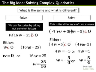 The Big Idea: Solving Complex Quadratics
Solve
What is the same and what is different?
We can factorise by taking
out common factors
𝑤
¿ 0 or
(16 𝑤 − 25)
¿ 0
𝑤 (16𝑤 − 25)
𝒘 =𝟎 16𝑤=25
or
𝒘 =
𝟐𝟓
𝟏𝟔
Solve
This is the difference of two squares
( 4 𝑤 +5)
¿ 0 or
(4𝑤 −5)¿ 0
(4 𝑤+5) (4𝑤 −5)
4𝑤=−5 4𝑤=5
or
𝒘 =
𝟓
𝟒
𝒘 =−
𝟓
𝟒 or
Either:
Either:
 