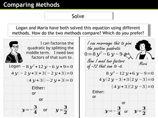 Comparing Methods
Solve
Logan and Maria have both solved this equation using different
methods. How do the two methods compare? Which do you prefer?
− 8 𝑦2
+12 𝑦 −6 𝑦 +9=0
Either:
or
( 4 𝑦 +3) (−2 𝑦 +3)=0
or
4 𝑦 (− 2 𝑦+3)+3(− 2 𝑦 +3)=0
𝒚 =
𝟑
𝟐
𝒚 =−
𝟑
𝟒
or
Maria
Logan
I can factorise the
quadratic by splitting the
middle term. I need two
factors of that sum to .
I can rearrange this to give
the positive quadratic
8 𝑦2
− 12 𝑦 +6 𝑦 − 9=0
Either:
or
(4 𝑦+3)(2 𝑦 −3)=0
or
4 𝑦 (2 𝑦 −3)+3(2 𝑦 −3)=0
𝒚 =
𝟑
𝟐
𝒚 =−
𝟑
𝟒
or
Now I need two factors
of -72 that sum to -6.
0=8 𝑦2
−6 𝑦− 9
 