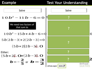 Example Test Your Understanding
Either:
Solve
Solve
(5 𝑏+2)
(2 𝑏−3)
¿ 0
𝒃=−
𝟐
𝟓
(2 𝑏 −3)
¿ 0
or 𝒃=
𝟑
𝟐
We need two factors of
that sum to
(5 𝑏+ 2)
¿ 0
1 0 𝑏2
−15 𝑏+ 4 𝑏− 6=0
5 𝑏 (2 𝑏 −3 )+2(2 𝑏 −3)=0
1 0 𝑏2
−11 𝑏 − 6= 0
or
(9 𝑥 − 2)
( 𝑥+ 2)
¿ 0
𝒙 =
𝟐
𝟗
( 𝑥+ 2)
¿ 0
or 𝒙=− 𝟐
We need two factors of
that sum to
(9 𝑥 − 2)
¿ 0
9 𝑥2
+ 18 𝑥 − 4 𝑥 −8=0
9 𝑥 ( 𝑥+2)− 2(𝑥 +2)=0
9 𝑥2
+ 14 𝑥 − 8= 0
or
?
?
?
?
?
Either:
367e
drfrost.org/s/
 
