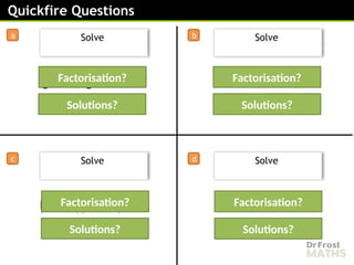or
𝒃=−𝟏or 𝒃=−𝟒
(𝒃+𝟏)(𝒃+𝟒)=𝟎
Solutions?
Factorisation?
Solutions?
Factorisation?
(𝒚 −𝟓)(𝒚 −𝟐)=𝟎
or
or
Quickfire Questions
a b
c
Solve
d
Solve
Solve Solve
Solutions?
(𝒂−𝟒)(𝒂+𝟑)=𝟎
Factorisation?
Solutions?
Factorisation?
 