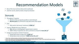 Copyright© Myrtle.ai 2020
Recommendation Models
• One of the most common data center workloads
• Used for search, adverts,feeds and personalization
Demands
• Throughput / Capacity
• Need to ramp up capacityquicklyto meet demand
• Months/years to commission new data center floor space
• Cost
• Data center rack server investment >$50B /yr1
• Latency / Model Accuracy / Revenue
• 5ms latencyis challengingfor typical server systems
• 100ms delayin load time can cost e-commerce companies many $B /yr2
• Energy Consumption/ Carbon Footprint
• Global data center energy costs >$10B /yr3
• Global data center emissions ~100M tonnes CO2 /yr4
1. https://www.marketsandmarkets.com/Market-Reports/data-center-rack-server-market-53332315.html
2. https://www.akamai.com/uk/en/about/news/press/2017-press/akamai-releases-spring-2017-state-of-online-retail-performance-report.jsp
3. https://www.sciencedaily.com/releases/2020/02/200227144313.htm
4. https://www.comsoc.org/publications/tcn/2019-nov/energy-efficiency-data-centers
 