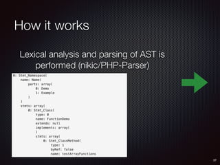How it works
37
Lexical analysis and parsing of AST is
performed (nikic/PHP-Parser)
 