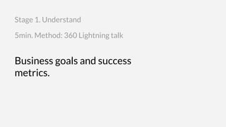 Business goals and success
metrics.
5min. Method: 360 Lightning talk
Stage 1. Understand
 